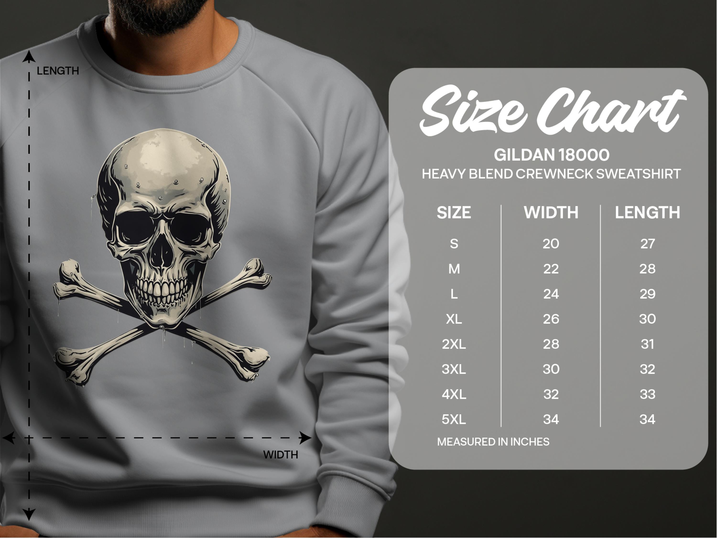 A person sports a bold Garment Graphics gray sweatshirt with a skull and crossbones design. Beside them, the size chart for the Gildan 18000 heavy blend crewneck shows sizes S to 5XL, detailing width and length measurements in inches.