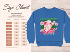 Garment Graphics offers a blue crewneck featuring bold graphics of a person in a hat holding a flower, encircled by blooms, and the assertive text HANDS OFF! Available in unisex sizes from Small to 5XL, this sweatshirt ensures comfort with Gildan 18000s trusted quality.