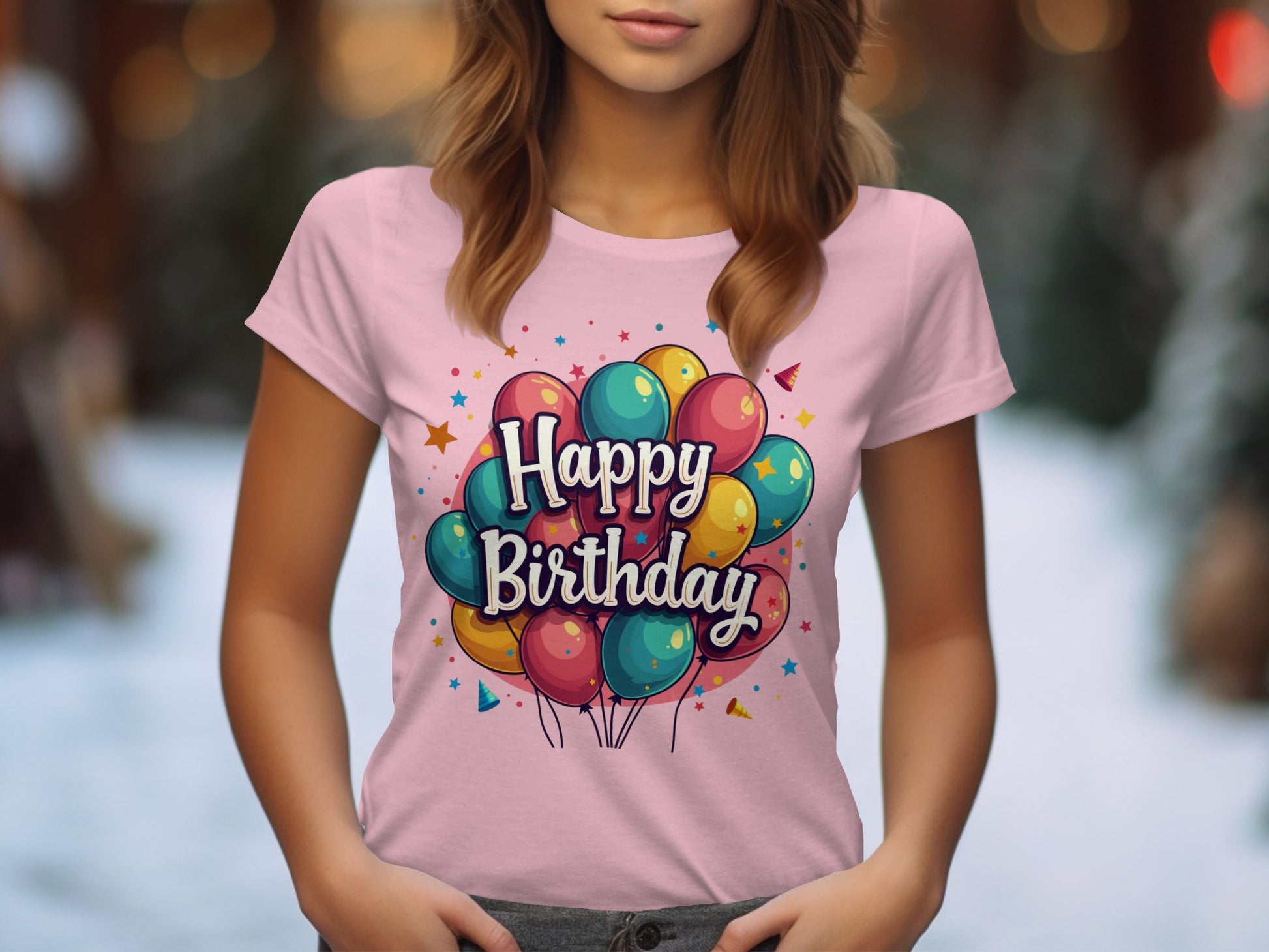 A person wears a 100% cotton vibrant pink T-shirt from Garment Graphics, adorned with colorful balloons and Happy Birthday. The blurred background shows lights and greenery as the person stands with hands in pockets, ready for the celebration.