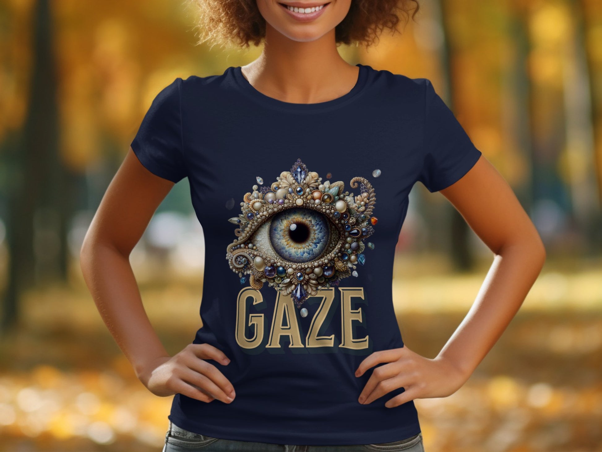 A woman in a navy blue Garment Graphics Gaze T-shirt, showcasing an ornate eye design with GAZE below, stands against a backdrop of vibrant autumn foliage.