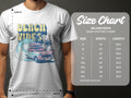Someone wears a white Garment Graphics t-shirt with Beach Vibes, featuring a classic car, surfboards, palm trees, and waves. Beside it is the size chart for Gildan 5000 heavy cotton tees, showing dimensions in inches for sizes S to 5XL.