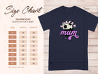 Garment Graphics classic fit T-shirt features Soccer mum, a soccer ball, and stars in a vibrant graphic. Its displayed on wood next to a Gildan 5000 heavy cotton size chart, offering sizes S to 5XL with detailed chest width and length measurements.