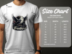 A person in a white Garment Graphics Freebird eagle T-shirt with a bold graphic stands next to a size chart for 100% cotton Gildan 5000 heavy cotton T-shirts, showing sizes S to 5XL with width and length measurements in inches.