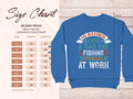 The Garment Graphics blue crewneck fishing sweatshirt showcases Id rather have a bad day fishing than a good day at work in vibrant fonts. Ideal for fishing enthusiasts, it comes in unisex sizes S to 5XL with a size chart detailing width and length in inches.