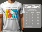 A person wears a white Garment Graphics t-shirt with a vibrant DJ graphic and Dont Stop the Music text. Ideal for music lovers, its beside a Gildan 5000 heavy cotton t-shirt size chart, showing sizes S to 5XL with measurements.