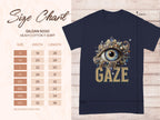 The Garment Graphics size chart, for the Gildan 5000 heavy cotton classic fit T-shirt with an eye gaze design encircled by jewels and the word GAZE, shows dimensions for sizes S to 5XL in width and length.