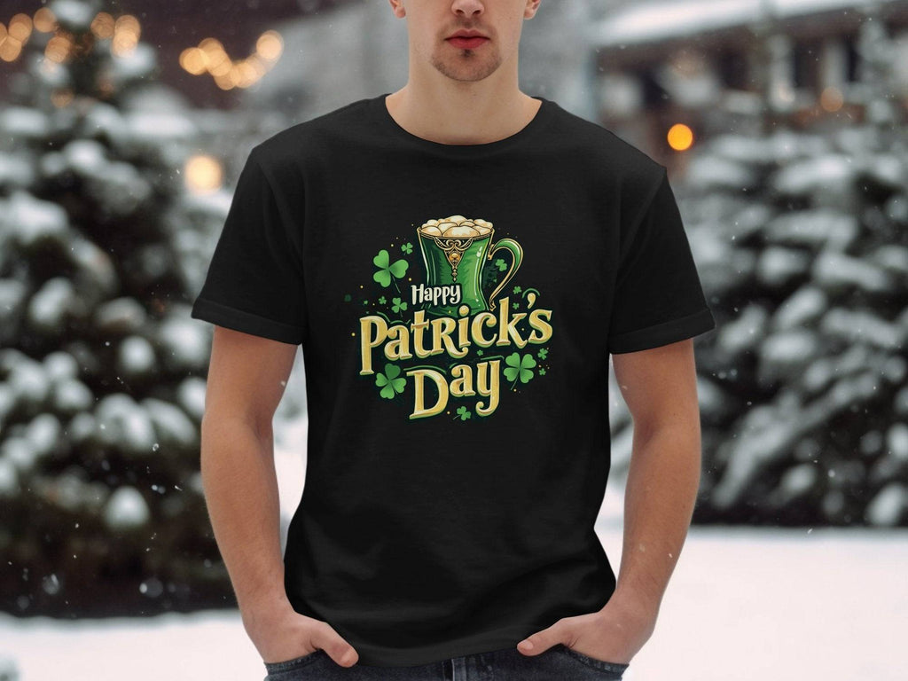 Amid snowy surroundings, someone makes a bold statement wearing a Garment Graphics black T-shirt decorated with frothy beer and clovers. The shirt proudly displays Happy Patricks Day in vibrant green and white text, perfectly capturing the festive spirit.