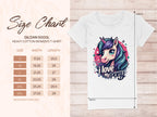 Garment Graphics presents a white Gildan 5000L t-shirt featuring a vibrant unicorn graphic with I Love My Pony. Ideal for unicorn lovers, it includes a size chart from S to 3XL in inches for womens heavy cotton shirts. The background displays a subtle leaf pattern.