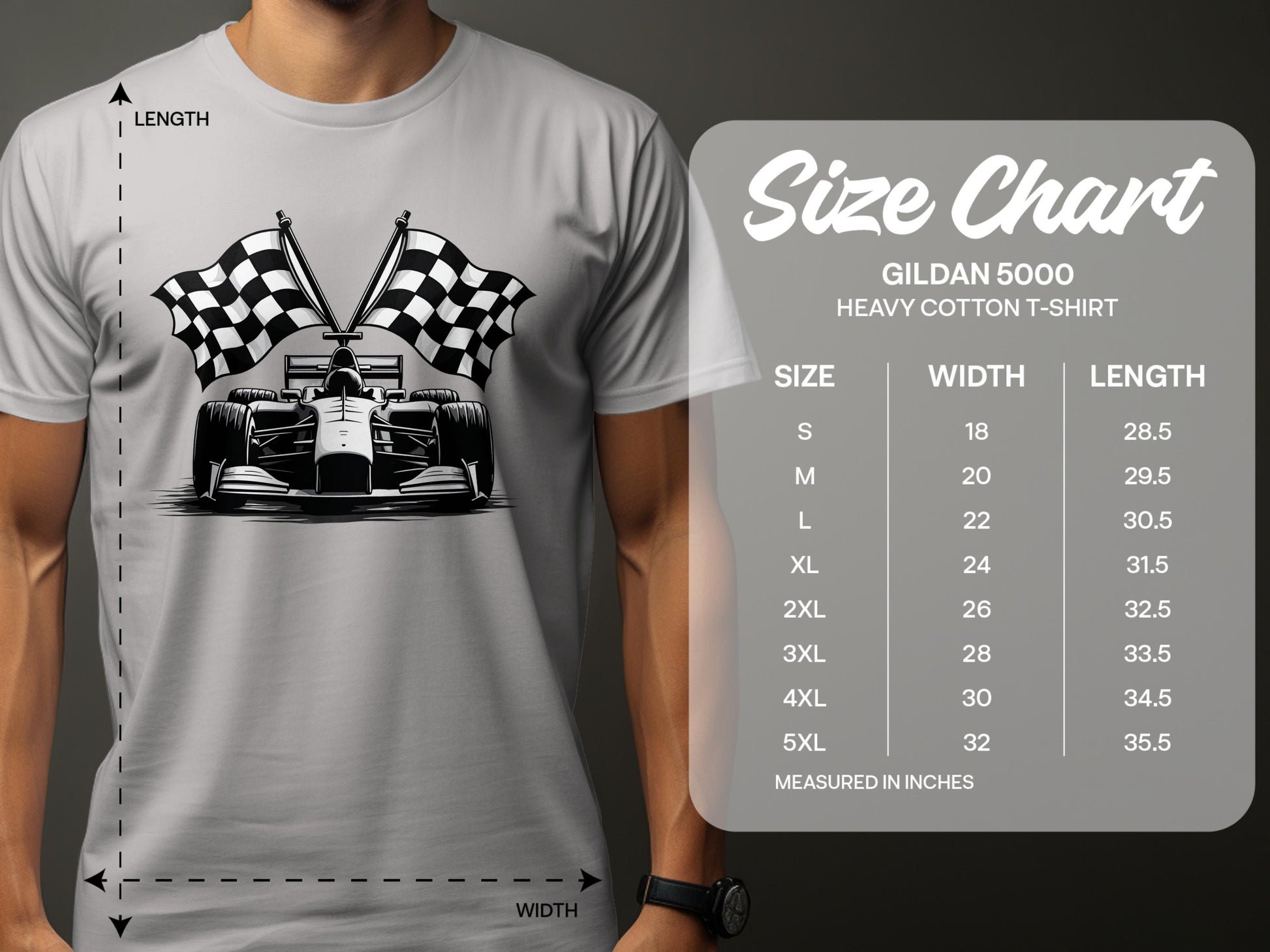 A person in a gray Garment Graphics T-shirt with a race car and two checkered flags embodies motorsport excitement. The size chart for the Gildan 5000 T-shirt shows sizes S-5XL with width and length measurements in inches.
