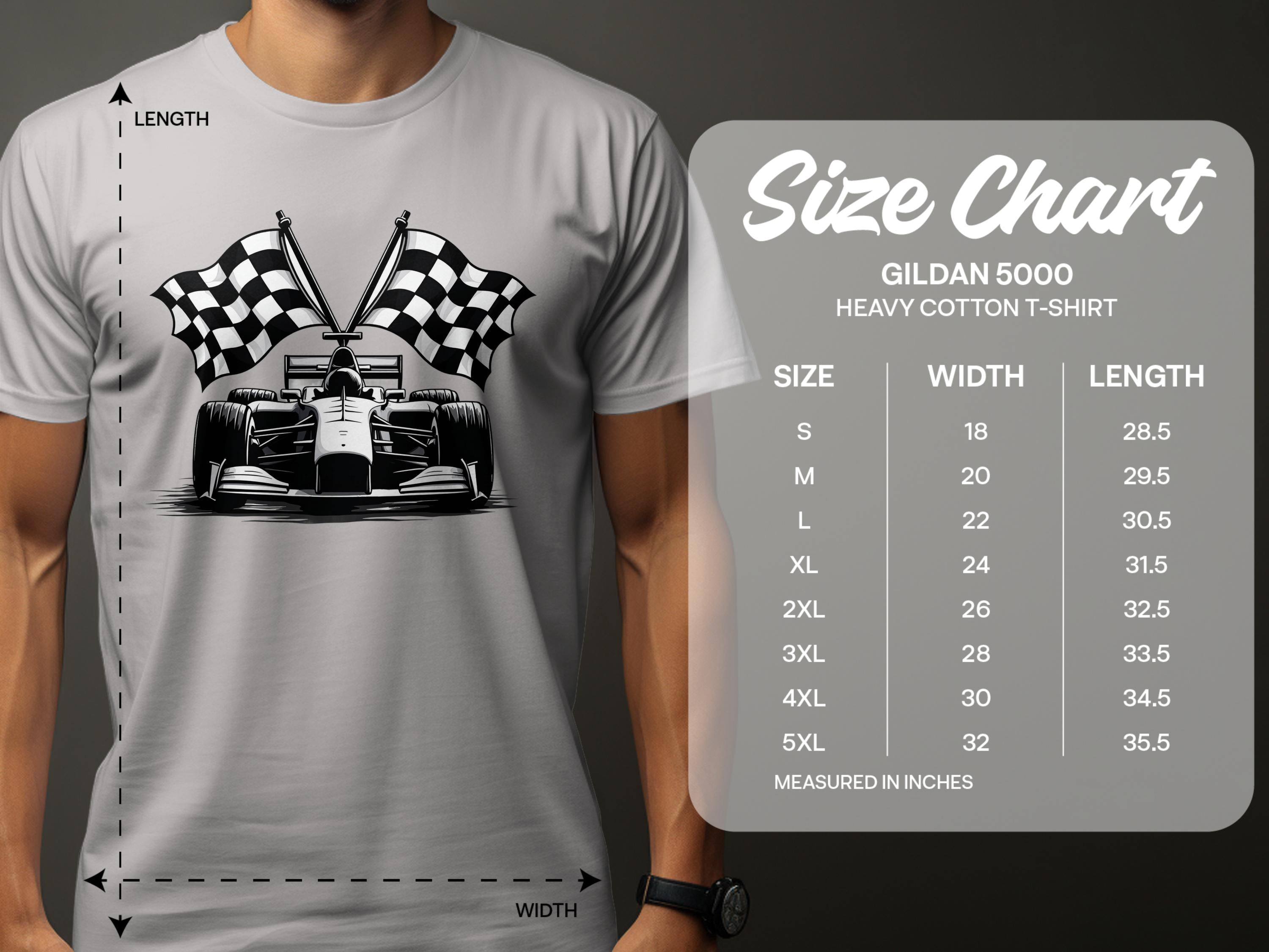 A person in a gray Garment Graphics T-shirt with a race car and two checkered flags embodies motorsport excitement. The size chart for the Gildan 5000 T-shirt shows sizes S-5XL with width and length measurements in inches.