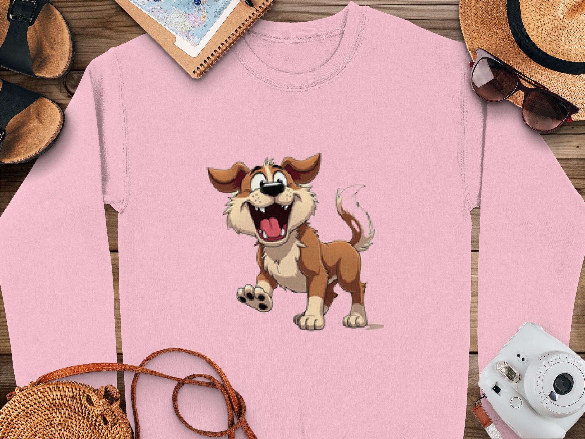 A pink sweatshirt from Garment Graphics with a cheerful dog illustration is displayed on wood, surrounded by vacation must-haves like a straw hat, sunglasses, a notebook, sandals, and a camera—ideal for dog lovers eager to flaunt their playful spirit.