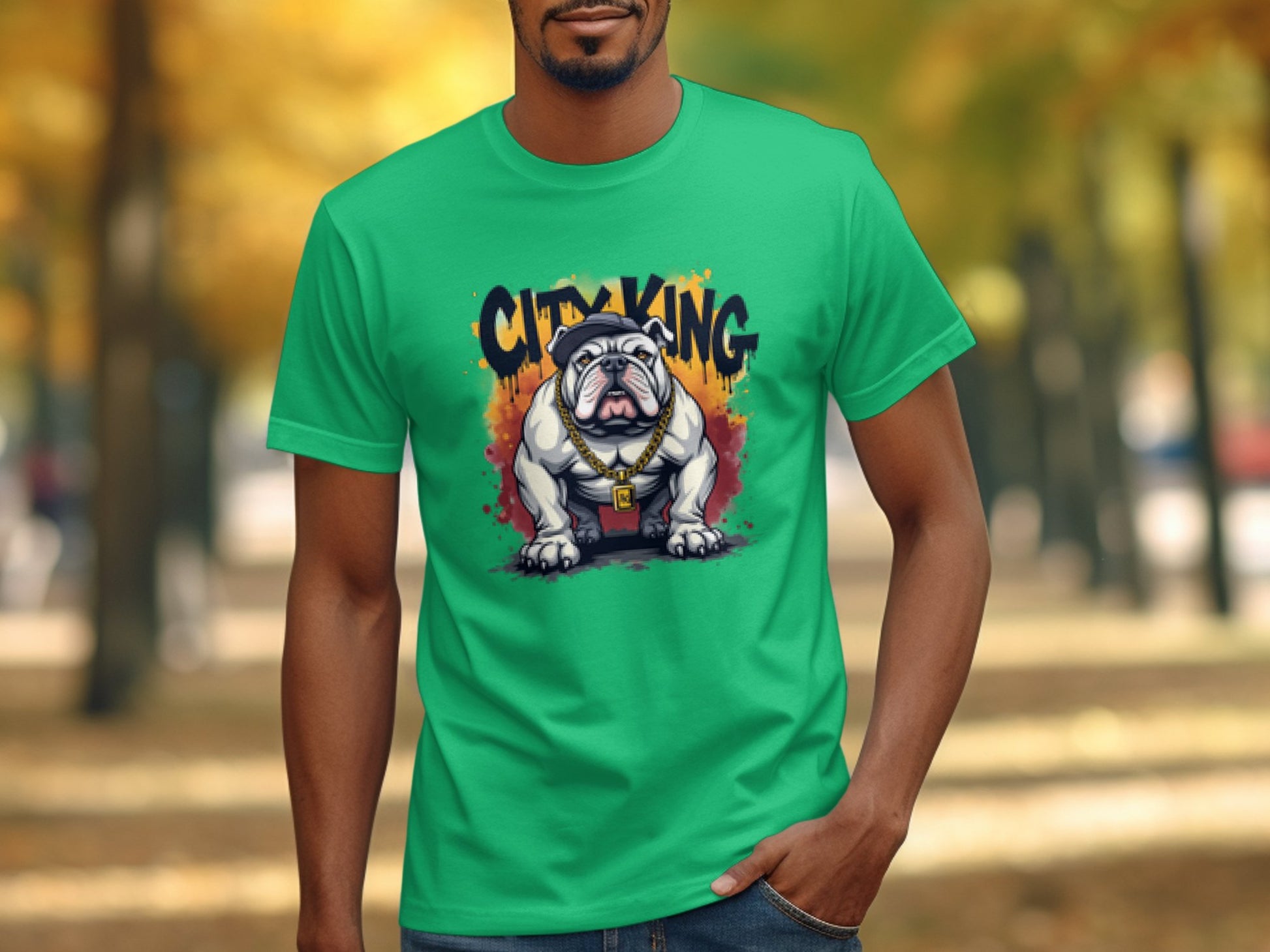 A man stands outdoors in a City King T-Shirt from Garment Graphics, sporting a unique bulldog design. The backdrop displays a blurred path with autumn-colored trees.