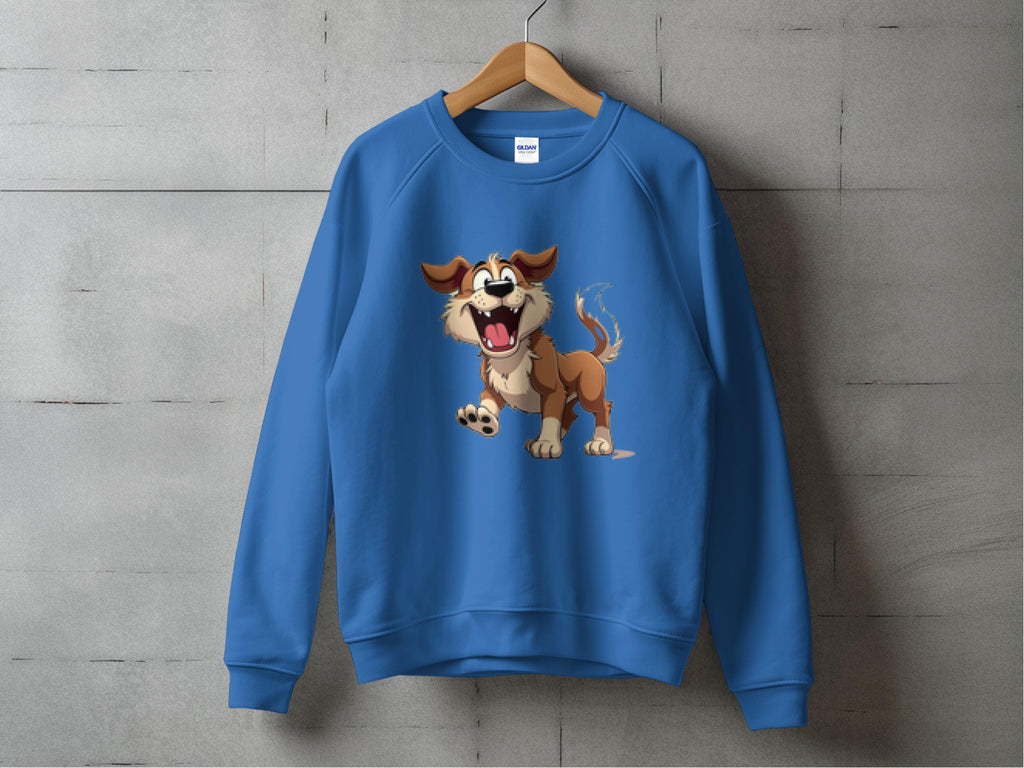 A blue sweatshirt by Garment Graphics decorates the wall, ideal for dog lovers. It features an animated illustration of a cheerful brown and beige pup with an open mouth and wagging tail.