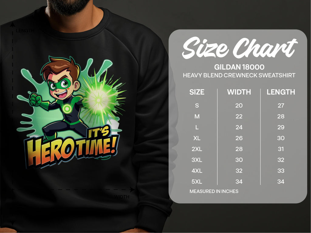 An adventure-loving youth in a black Garment Graphics sweatshirt with the Its Herotime graphic stands by a Gildan 18000 size chart, noting sizes from S to 5XL and width/length measurements in inches.