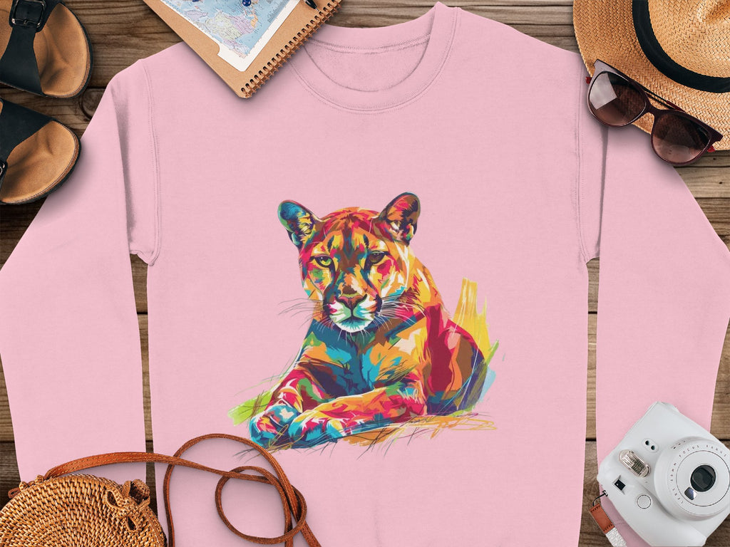 The pink sweatshirt by Garment Graphics is adorned with a vibrant, abstract illustration of a puma lying down. It pairs perfectly with accessories like cameras, straw hats, sandals, sunglasses, notebooks, and woven bags on a wooden surface—ideal for unique style enthusiasts.