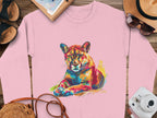 The pink sweatshirt by Garment Graphics is adorned with a vibrant, abstract illustration of a puma lying down. It pairs perfectly with accessories like cameras, straw hats, sandals, sunglasses, notebooks, and woven bags on a wooden surface—ideal for unique style enthusiasts.