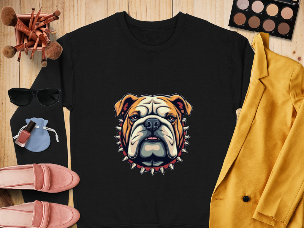 A bold black sweatshirt with a bulldog and spiked collar design from Garment Graphics sits on a wooden surface. Its surrounded by pink loafers, sunglasses, nail polish, makeup brushes, an eyeshadow palette, a yellow jacket, and a blue pouch. Available in unisex sizing for versatile wear.