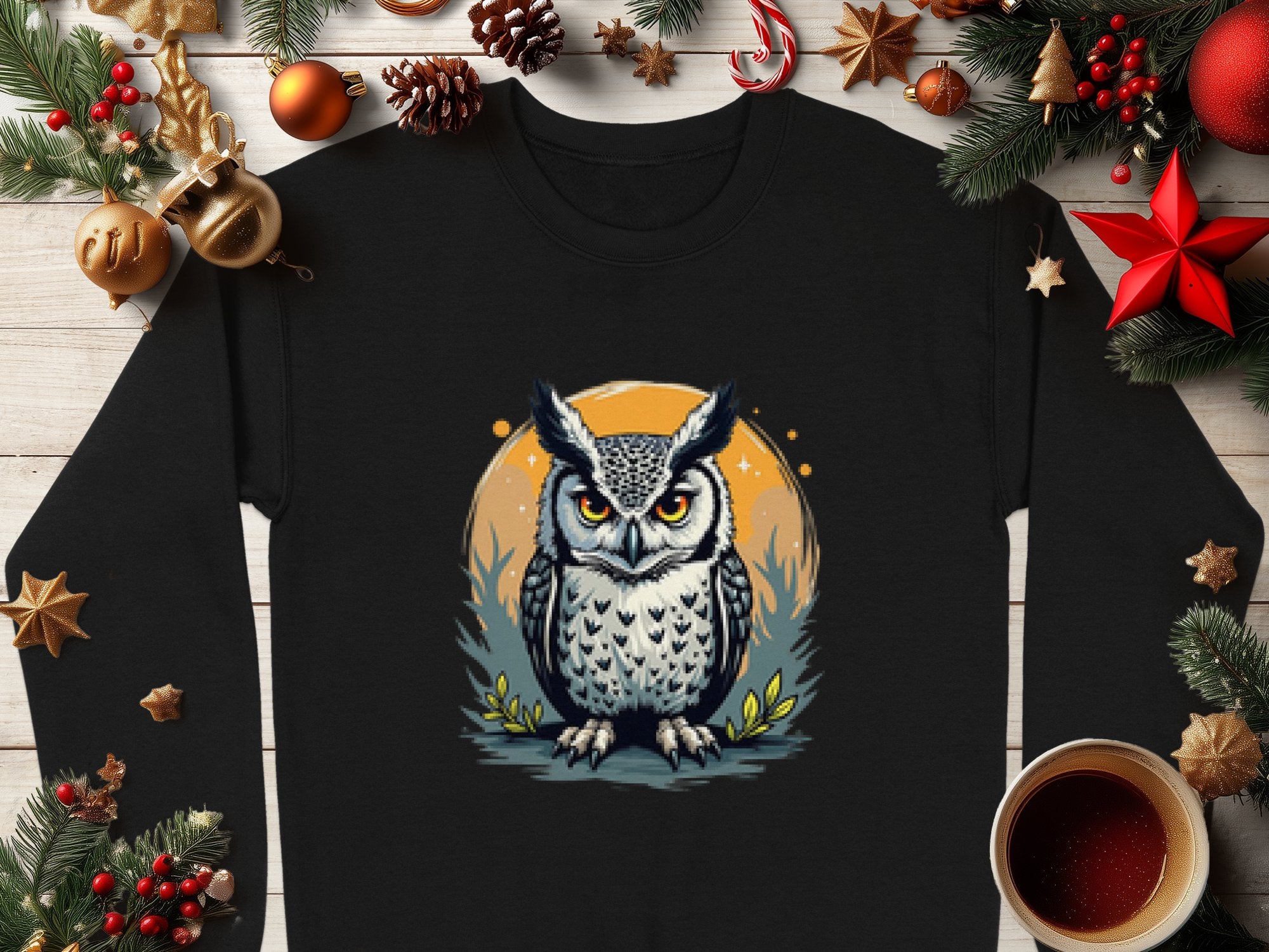 This black, long-sleeved unisex sweatshirt by Garment Graphics features a captivating owl design with piercing eyes, surrounded by Christmas decorations including ornaments, pine cones, stars, and a cozy coffee cup.