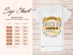 The Garment Graphics size chart for the Gildan 5000L heavy cotton womens t-shirt provides detailed sizes from S to 3XL, showing width and length in inches. The image features a quirky white tee with the text: If hes got golf clubs in his truck or a camper in his driveway, I dont hire him.