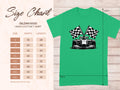 Garment Graphics green graphic T-shirt showcases an exciting motorsport racing car with checkered flags design. Size chart on the left provides measurements from S to 5XL in inches.