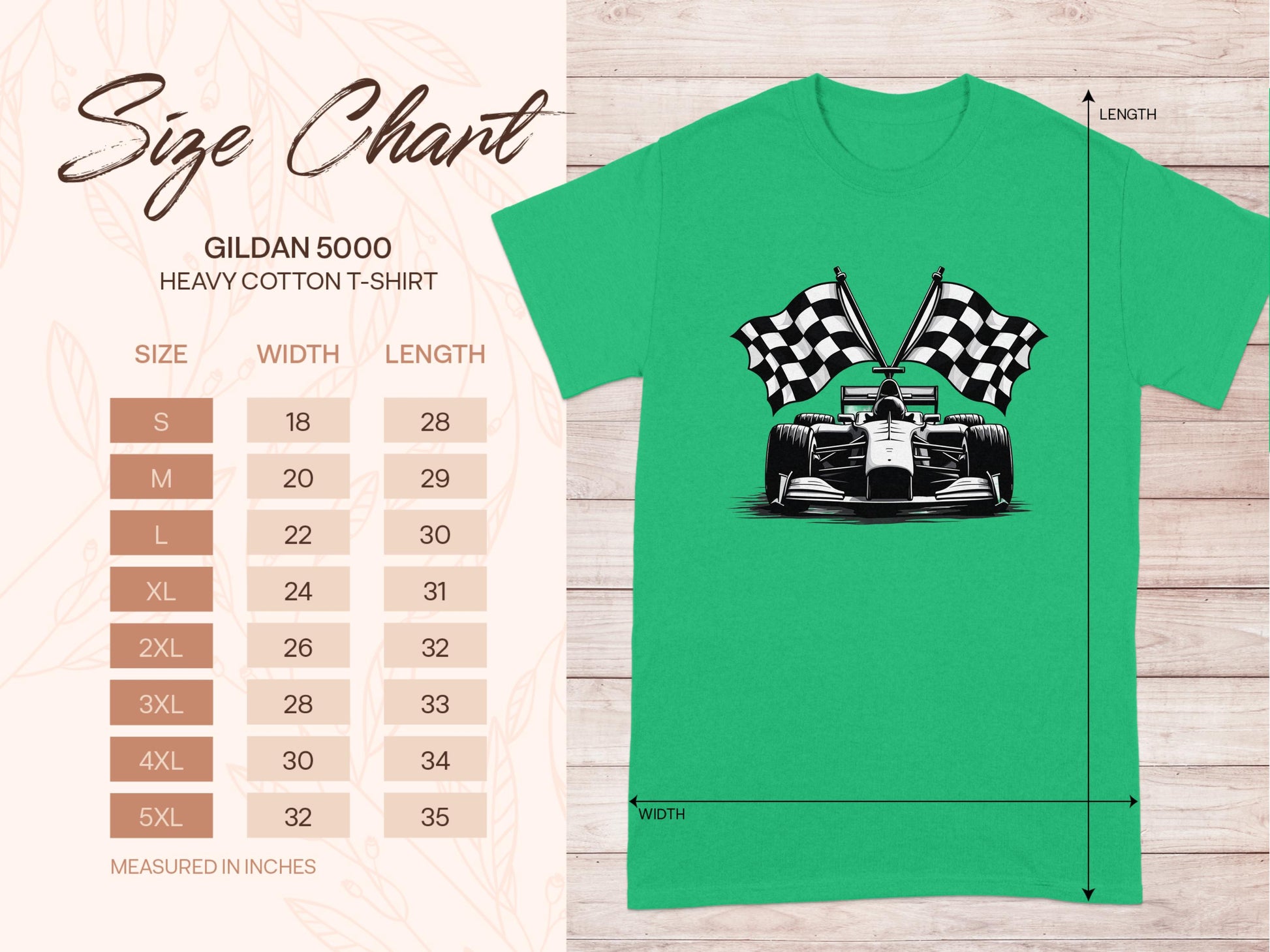 Garment Graphics green graphic T-shirt showcases an exciting motorsport racing car with checkered flags design. Size chart on the left provides measurements from S to 5XL in inches.