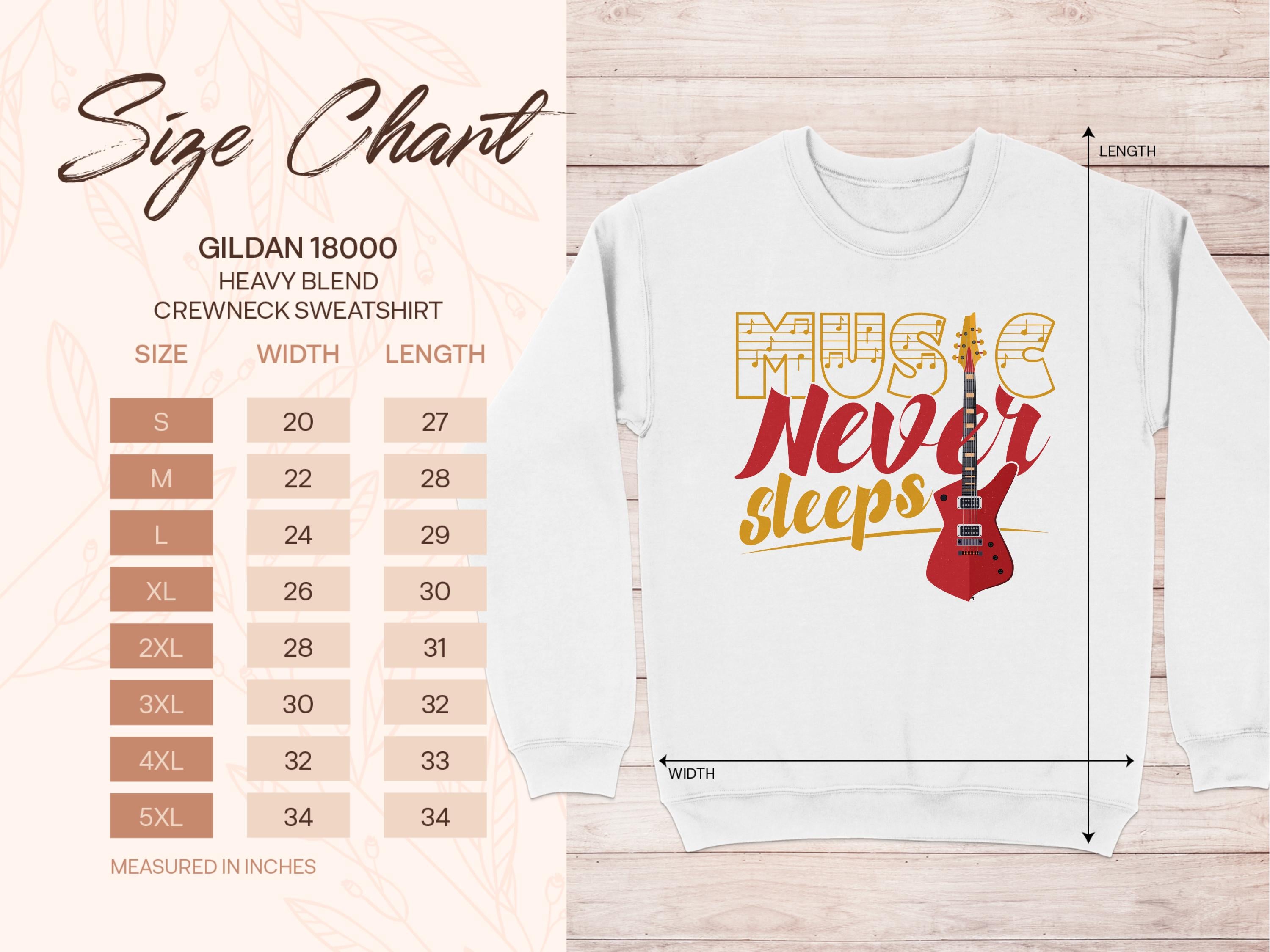 Garment Graphics offers the Gildan 18000 crewneck in sizes S to 5XL for music enthusiasts, featuring a vibrant white design with Music Never Sleeps and a red electric guitar. Measurement arrows highlight width and length on this guitar-themed sweatshirt.