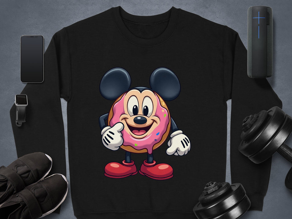The Garment Graphics sweatshirt features a quirky cartoon donut held by a mouse-like character, surrounded by a smartphone, smartwatch, sneakers, Bluetooth speaker, and adjustable dumbbells on a gray surface. A charming addition to any playful wardrobe!.