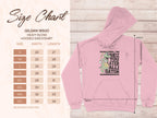 The Garment Graphics See You Later Alligator hoodie showcases a fun gator design on a pink sweatshirt. Sizes range from S to 5XL, with a size chart detailing width and length measurements. It offers comfort with a classic fit.