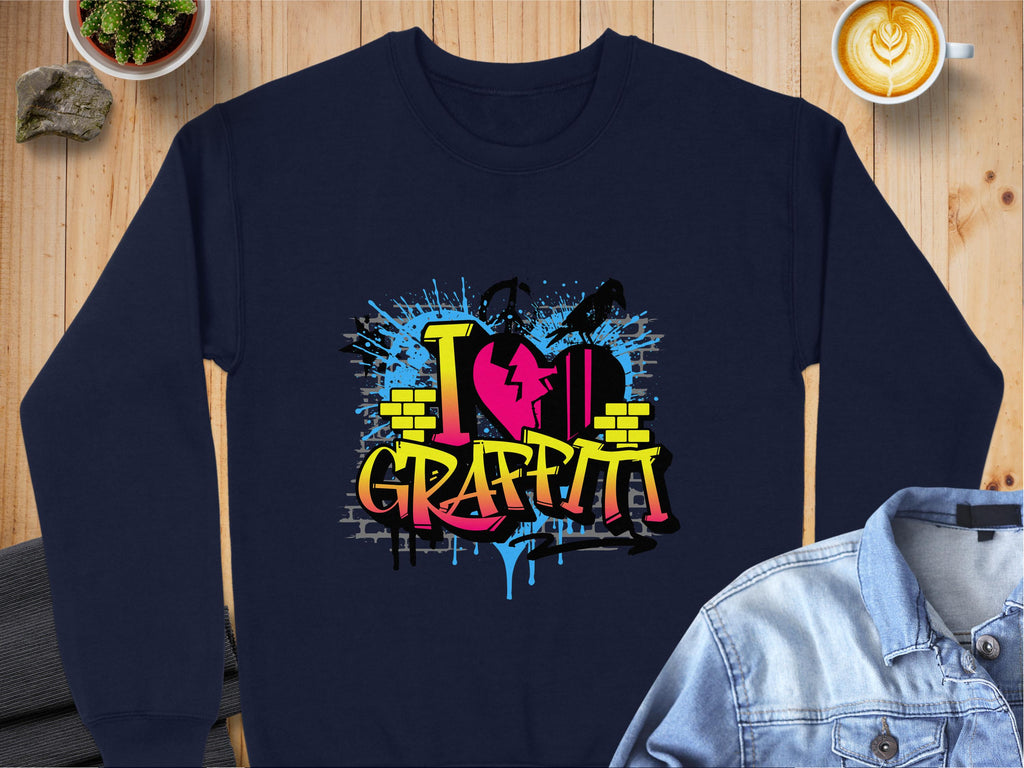 The Garment Graphics navy blue sweatshirt features an artistic graffiti design with I Love Graffiti in bold yellow letters, a red heart, and blue splashes. Styled on a wooden surface, its the perfect match with a denim jacket, latte, and small plant for an urban vibe.