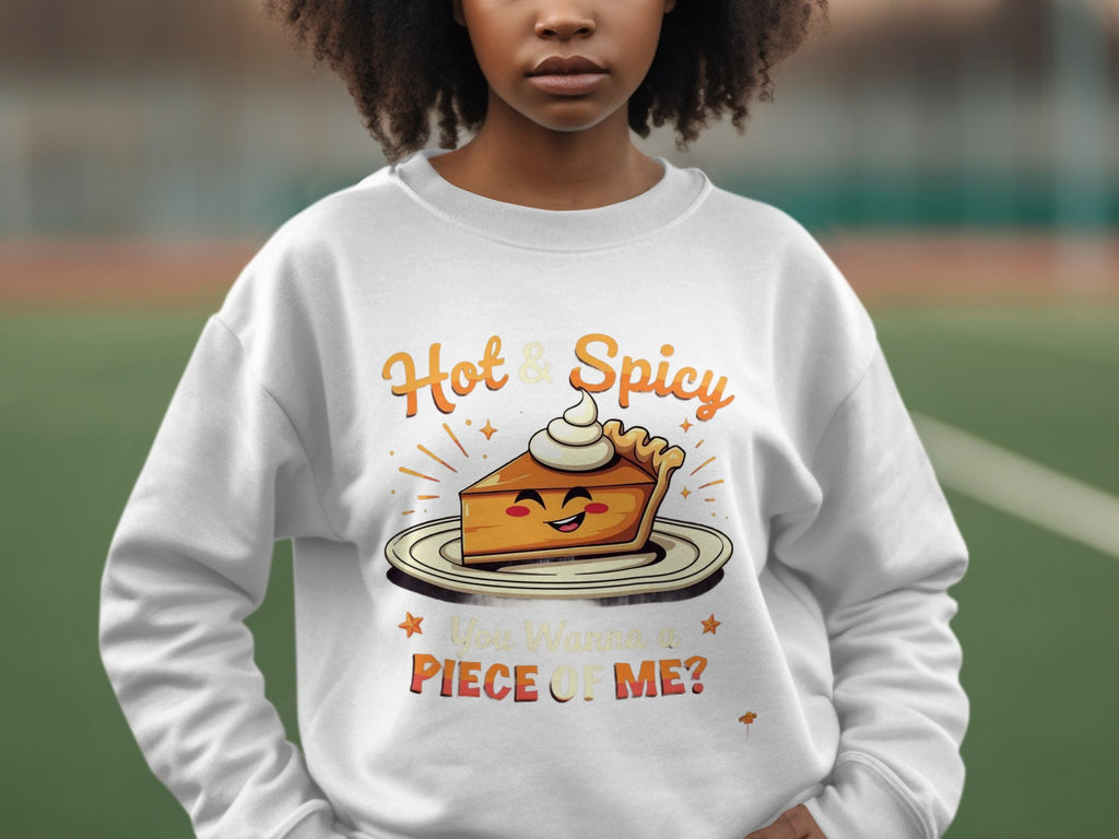 A person wears a Garment Graphics white unisex sweatshirt featuring a smiling pie with whipped cream. Hot & Spicy is written above and You wanna a piece of me? below, set against a softly blurred outdoor background.