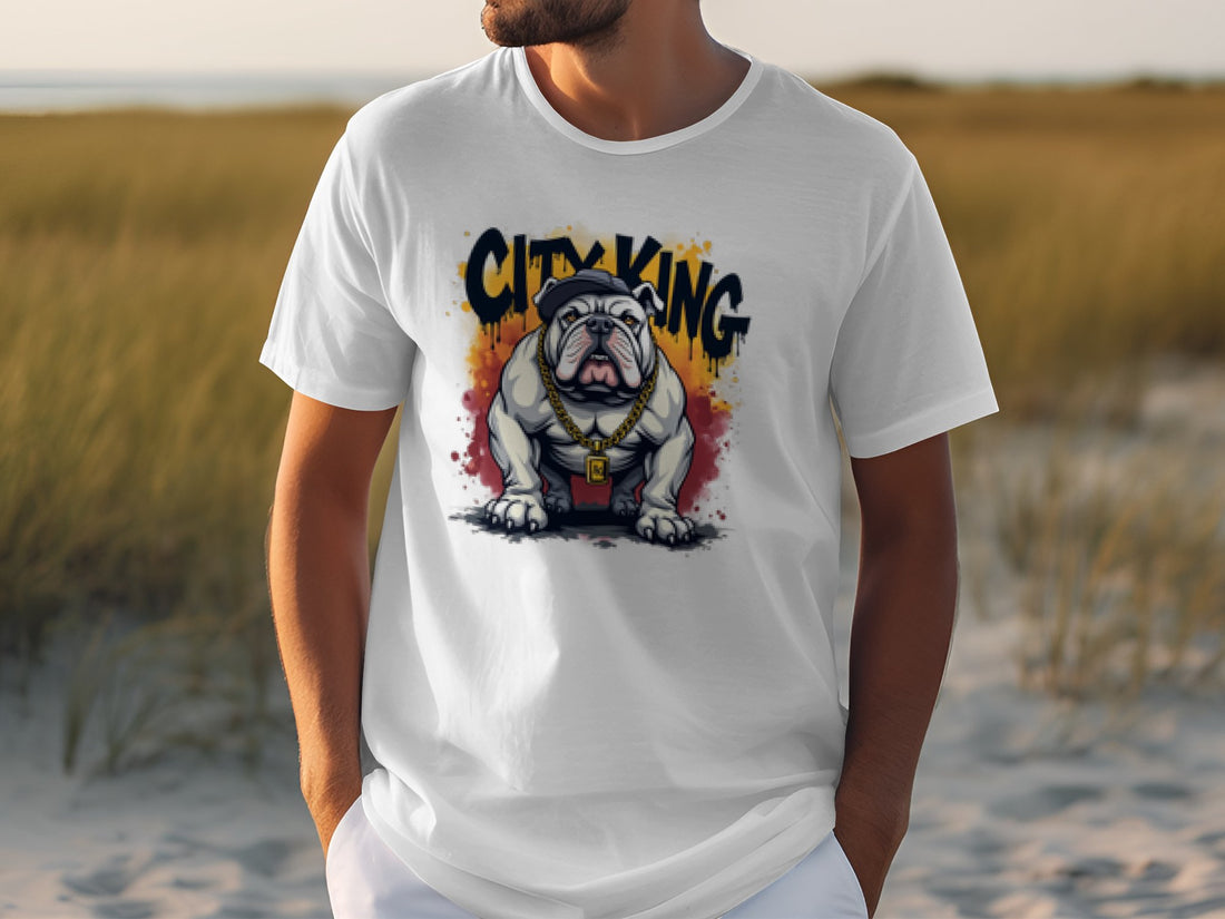 A blue T-shirt from Garment Graphics hangs on a wooden hanger against a textured gray wall. It features a standout bulldog in a red collar with CITY KING and vibrant flames above, exemplifying the unique style of City King T-Shirts.