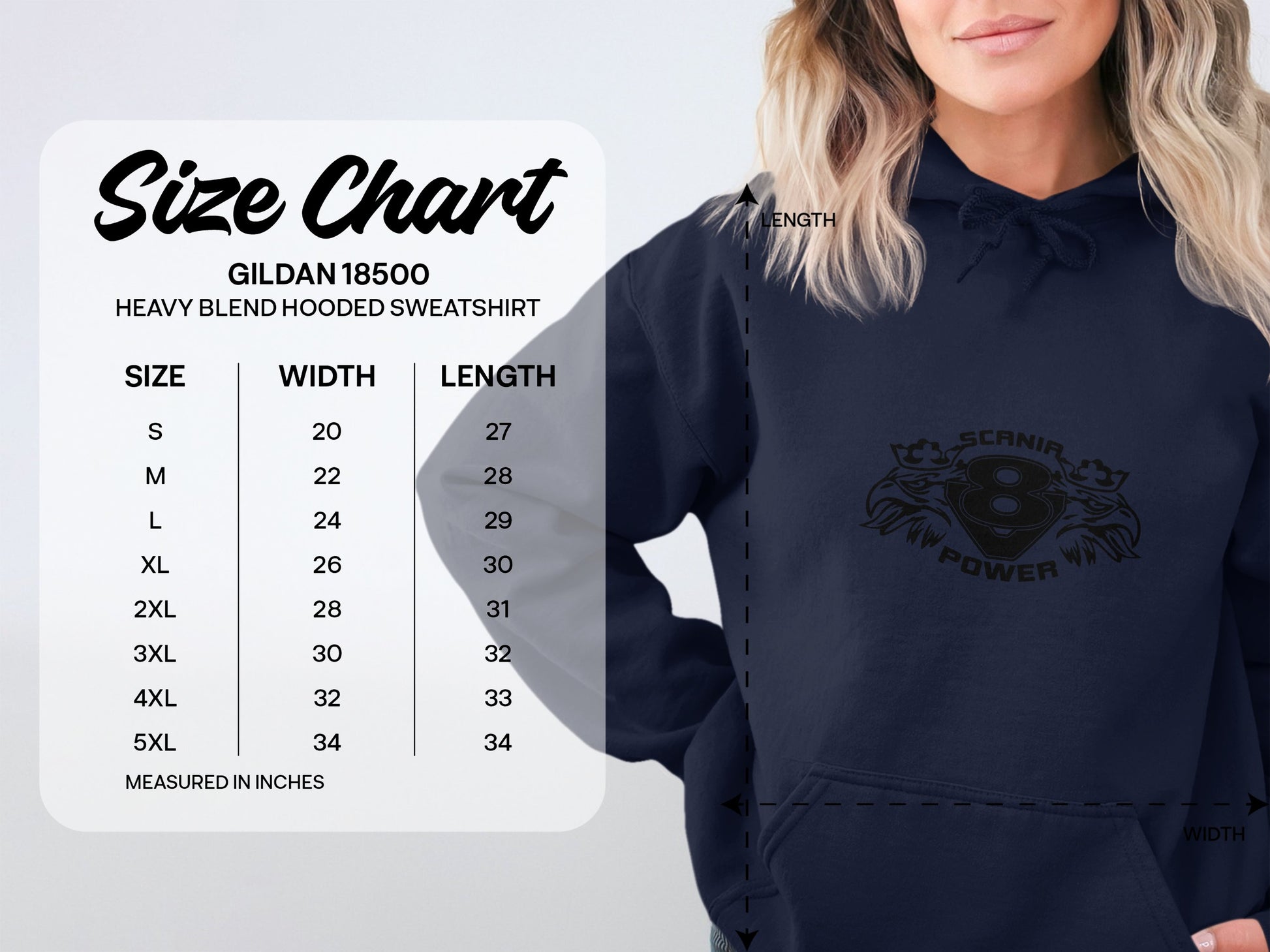 A woman models a navy Garment Graphics hoodie featuring Scania Power Eight design, beside a size chart displaying measurements in inches for the classic fit Gildan 18500 hoodie, ranging from sizes S to 5XL.