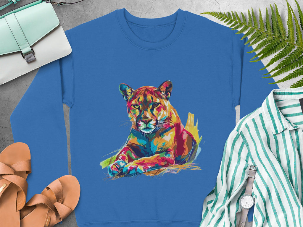 Wear a Garment Graphics blue sweatshirt with a vibrant cougar design, paired with brown sandals, a green and white striped shirt, and a wristwatch. The look is completed by a teal purse among green ferns on gray—showcasing unique style and unisex sizing.