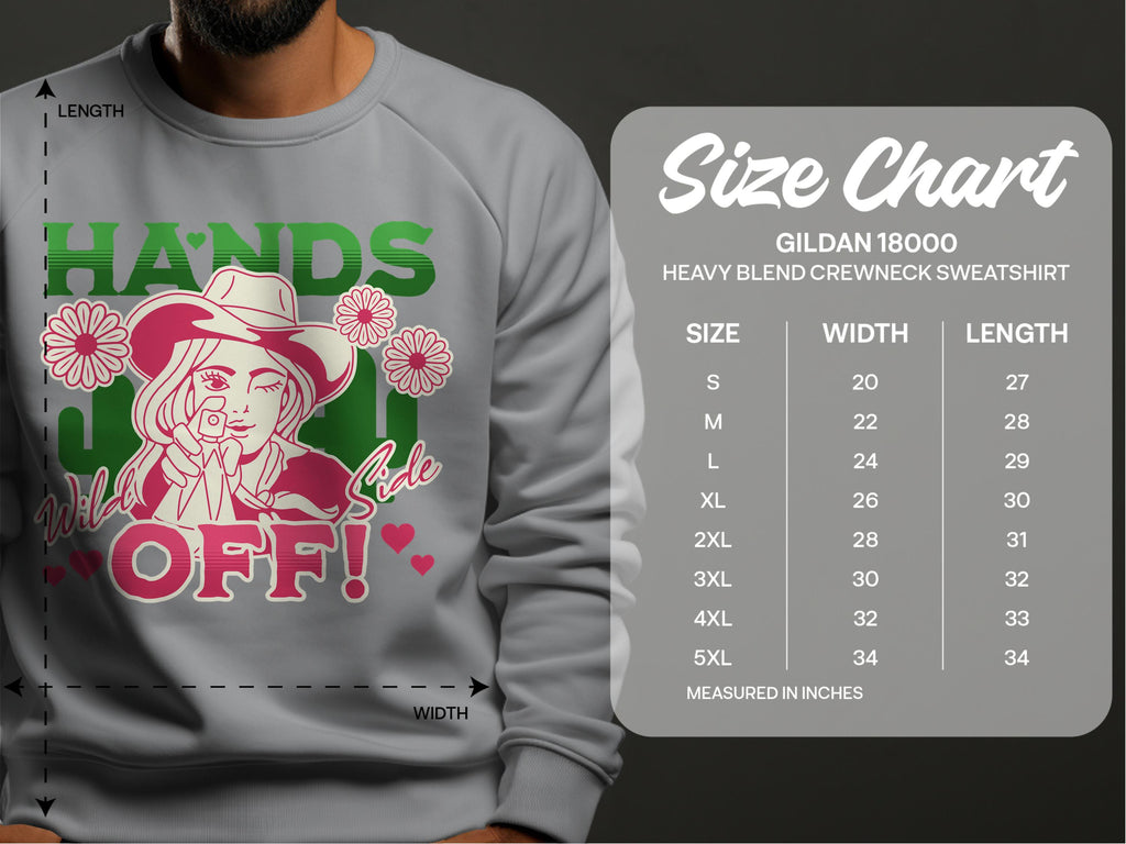 Gray crewneck sweatshirt by Garment Graphics featuring bold Hands Off text and a graphic of a person in a hat surrounded by flowers. Unisex sizing chart for Gildan 18000 available on the right, with measurements in inches for sizes S to 5XL.