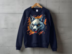 A navy blue sweatshirt by Garment Graphics hangs on a wooden hanger against a concrete wall, featuring a wolf face graphic with orange and yellow flames in the background, adding unique flair to this graffiti-style piece.