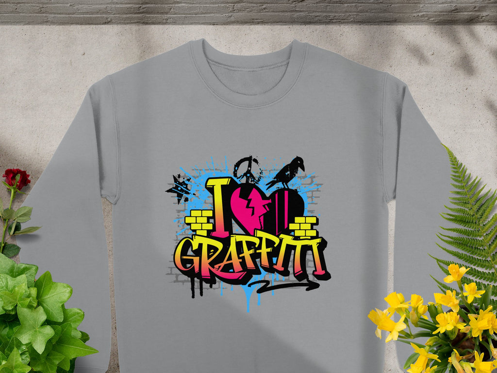 Garment Graphics presents a gray sweatshirt with an artistic graffiti design, featuring colorful I ♥ Graffiti text in yellow and pink. The background has blue and black splatters, embodying urban style. Displayed on concrete with vibrant green and yellow plants, it’s a true streetwear statement.