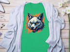 Garment Graphics green t-shirt showcases a fearless wolf graphic with intense eyes. Its neatly placed on a light wooden surface, partially covered by a gray cardigan, surrounded by white flowers, stylish white shoes, and delicate jewelry items.