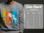 A person wears a gray Garment Graphics DJ sweatshirt with a vibrant graphic reading Dont Stop the Music, ideal for music lovers. Next to them is a Gildan 18000 heavy blend crewneck unisex size chart with sizes and measurements in inches.