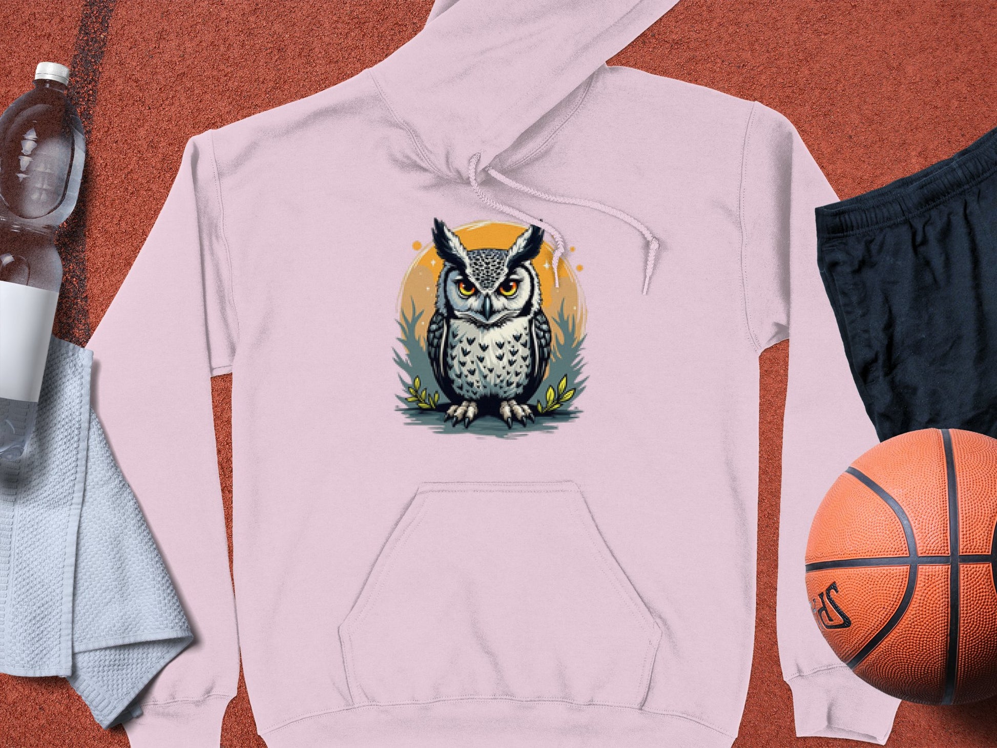 Garment Graphics presents a light pink hoodie with a fierce owl on grass, displayed on a sports court with a basketball, black shorts, gray towel, and water bottle. Made from medium-heavy fabric, its perfect for sports enthusiasts seeking unique style.