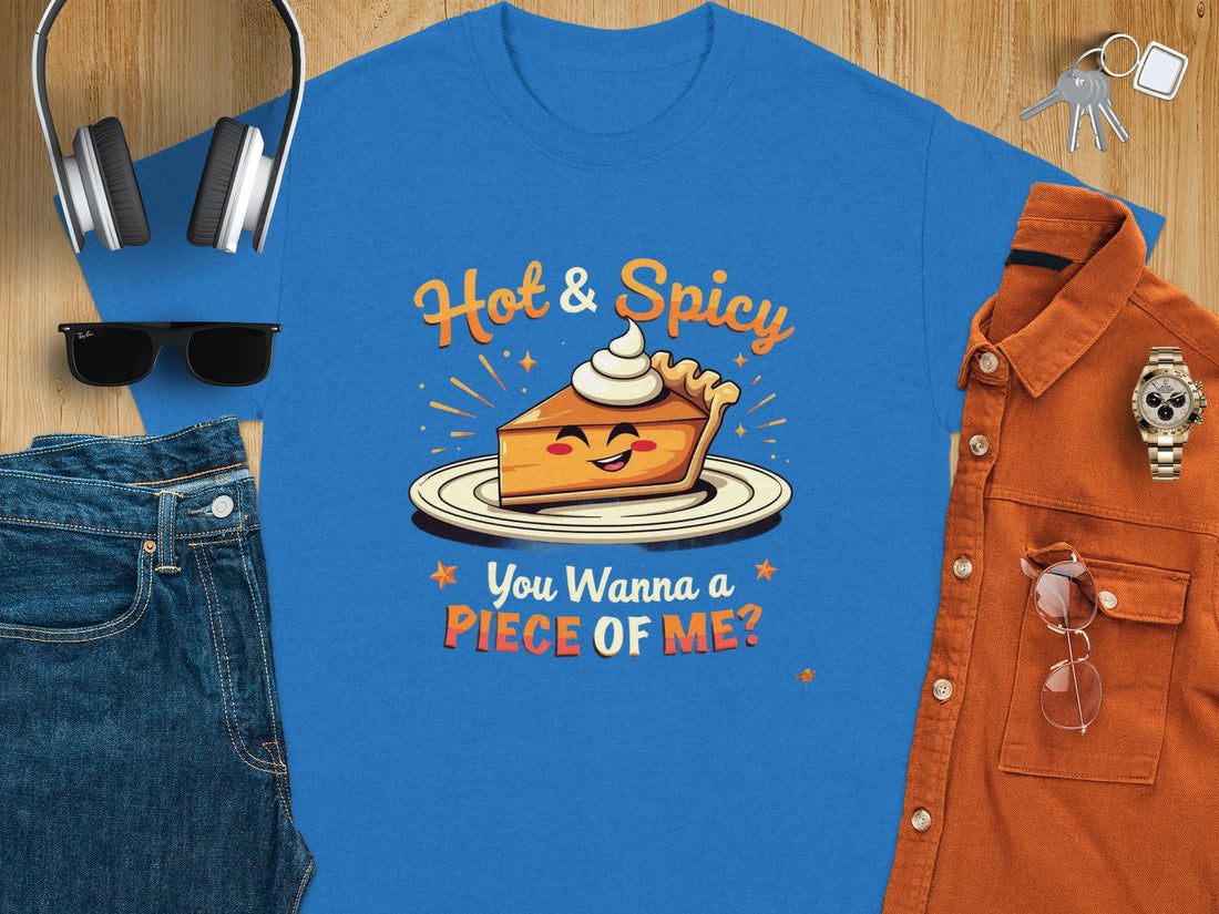 A person wears a white Garment Graphics t-shirt with the Hot and Spicy Pie Design, showcasing an illustrated smiling pie slice with whipped cream, text Hot & Spicy above, Want a Piece of Me? below, against sandy dunes and grass.
