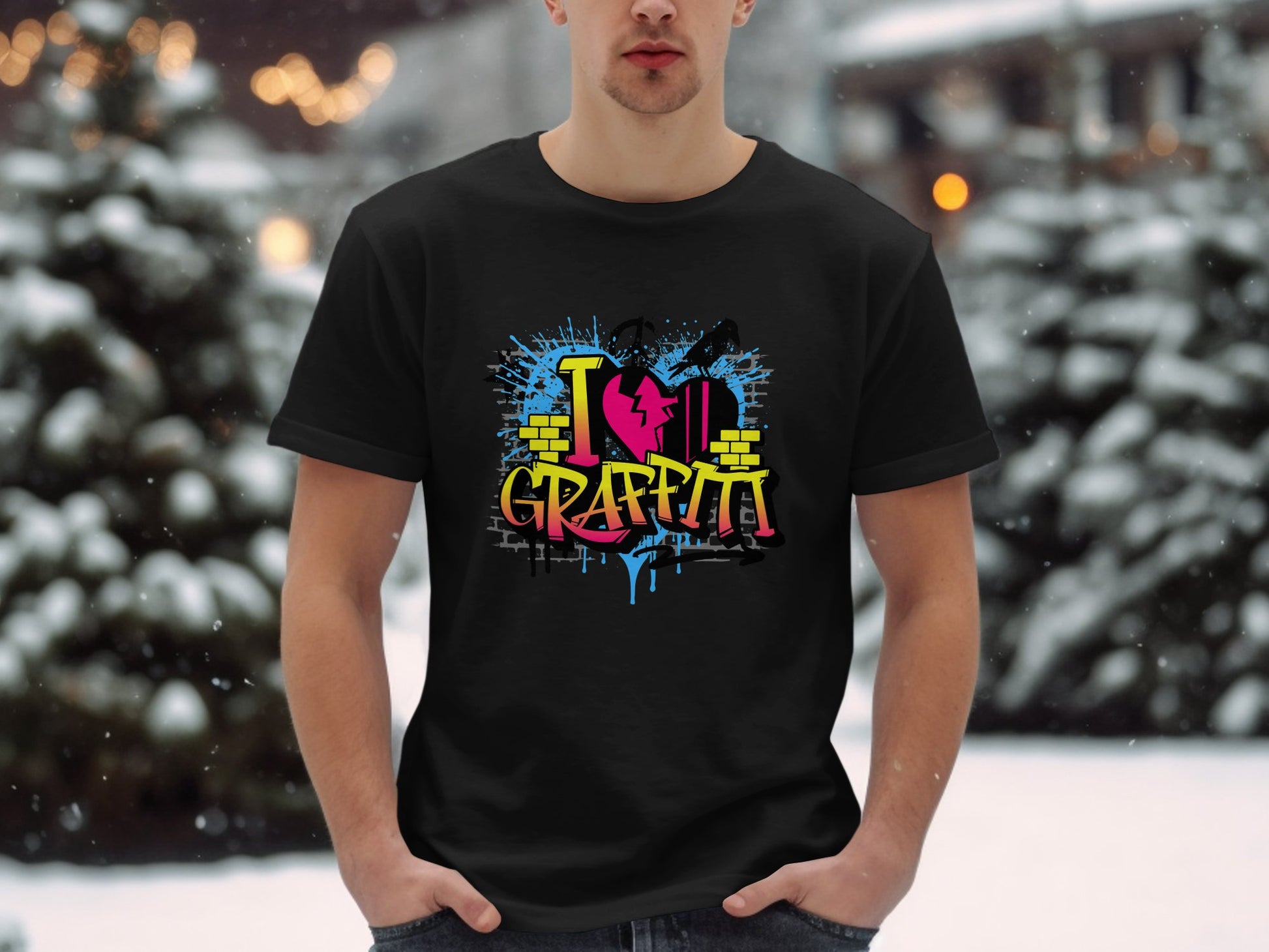 Wearing Garment Graphics black T-shirt with an I Love Graffiti design, a person stands outside against a snowy backdrop of blurred trees and lights, creating a serene contrast to the street art style. Their hands in dark pants pockets add to the laid-back look.