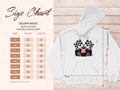 The image showcases a white hoodie from Garment Graphics featuring a vibrant red racing car and two bold checkered flags on the front. Alongside is a size chart for the Gildan 18500 sweatshirt, offering sizes S to 5XL with detailed width and length in inches.