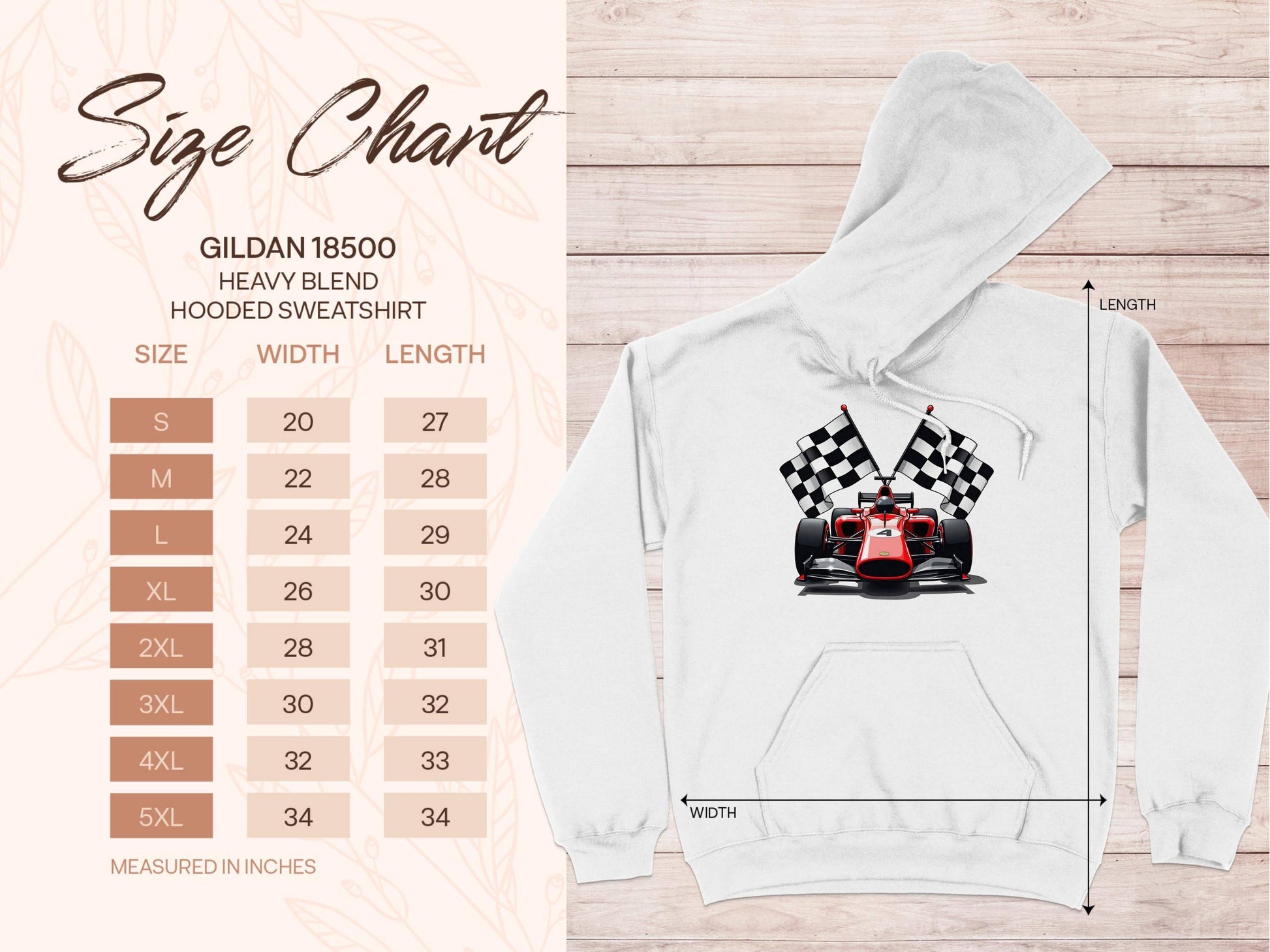 The image showcases a white hoodie from Garment Graphics featuring a vibrant red racing car and two bold checkered flags on the front. Alongside is a size chart for the Gildan 18500 sweatshirt, offering sizes S to 5XL with detailed width and length in inches.