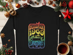 Garment Graphics offers a black shirt with retro vibes, featuring a colorful Woodstock 1969 design of a van, flowers, and peace symbol. This vintage piece is stylishly surrounded by Christmas décor like pinecones and ornaments on wood.