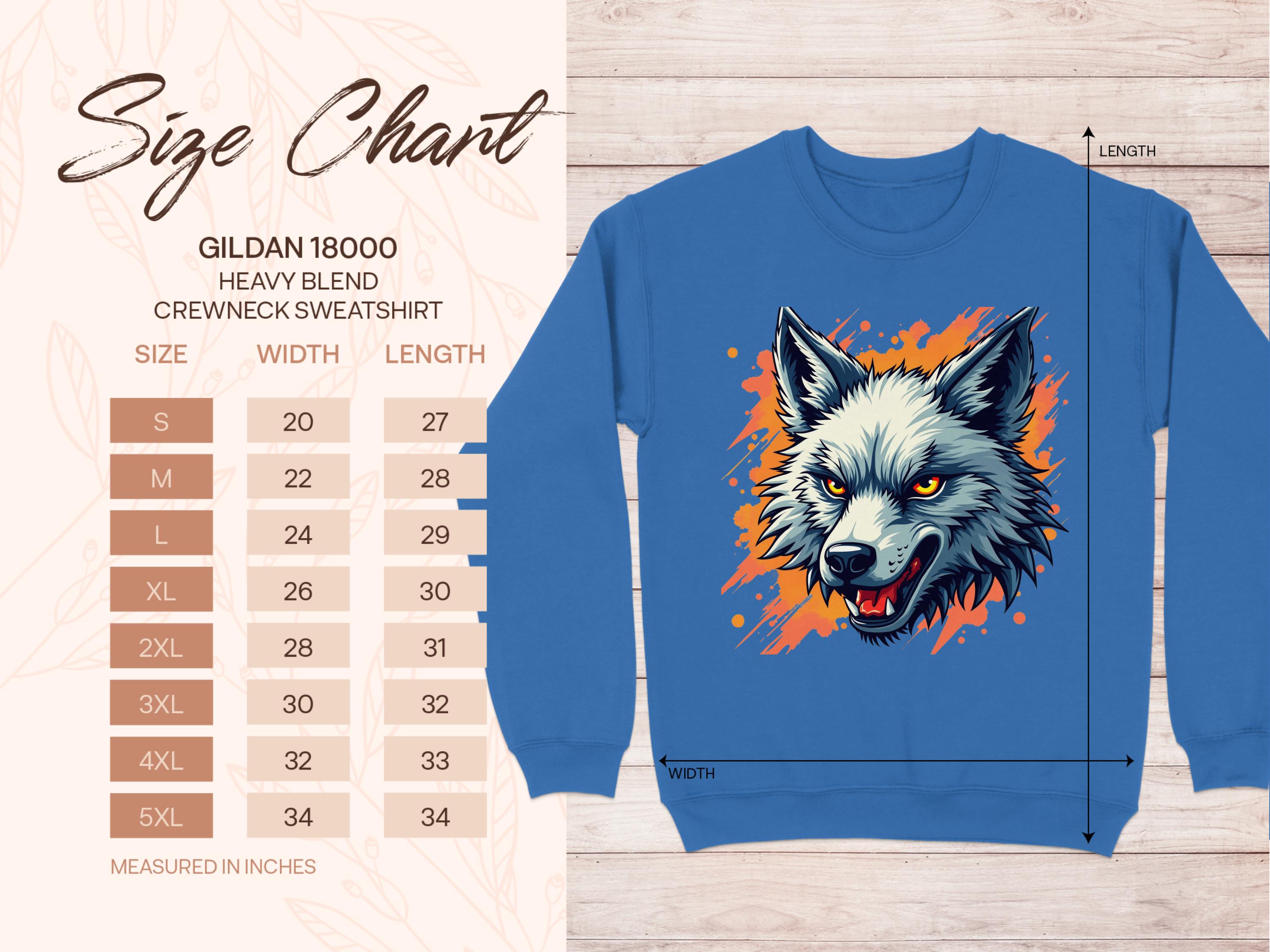 Blue Garment Graphics 18000 sweatshirt showcases a wolf in graffiti style. A size chart for sizes S to 5XL, with width and length in inches, is displayed to the left with Size Chart in cursive. Measurements are approximate.