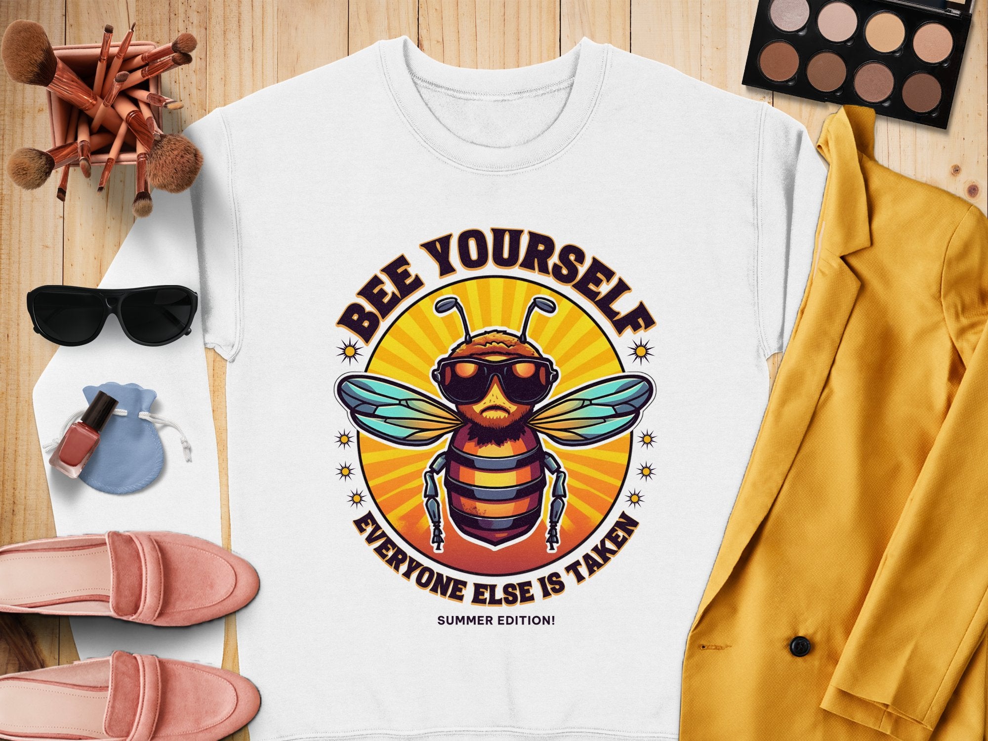 A flat lay features Garment Graphics white Summer Edition sweatshirt adorned with a bee in sunglasses and BEE YOURSELF EVERYONE ELSE IS TAKEN. It’s paired with trendy sunglasses, makeup essentials, a yellow jacket, pink shoes, and brushes—all highlighting unisex sizing.