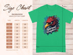 Green T-shirt features an eagle design and the Garment Graphics brand name. A size chart on the left shows dimensions for Gildan 5000 heavy cotton, classic fit T-shirts in sizes S to 5XL in inches.