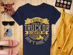 A flatlay features a quirky navy T-shirt from Garment Graphics with the funny golf quote, paired expertly with makeup brushes, an eyeshadow palette, a yellow coat, shoes, perfume, and a camera. Its available in womens sizes.