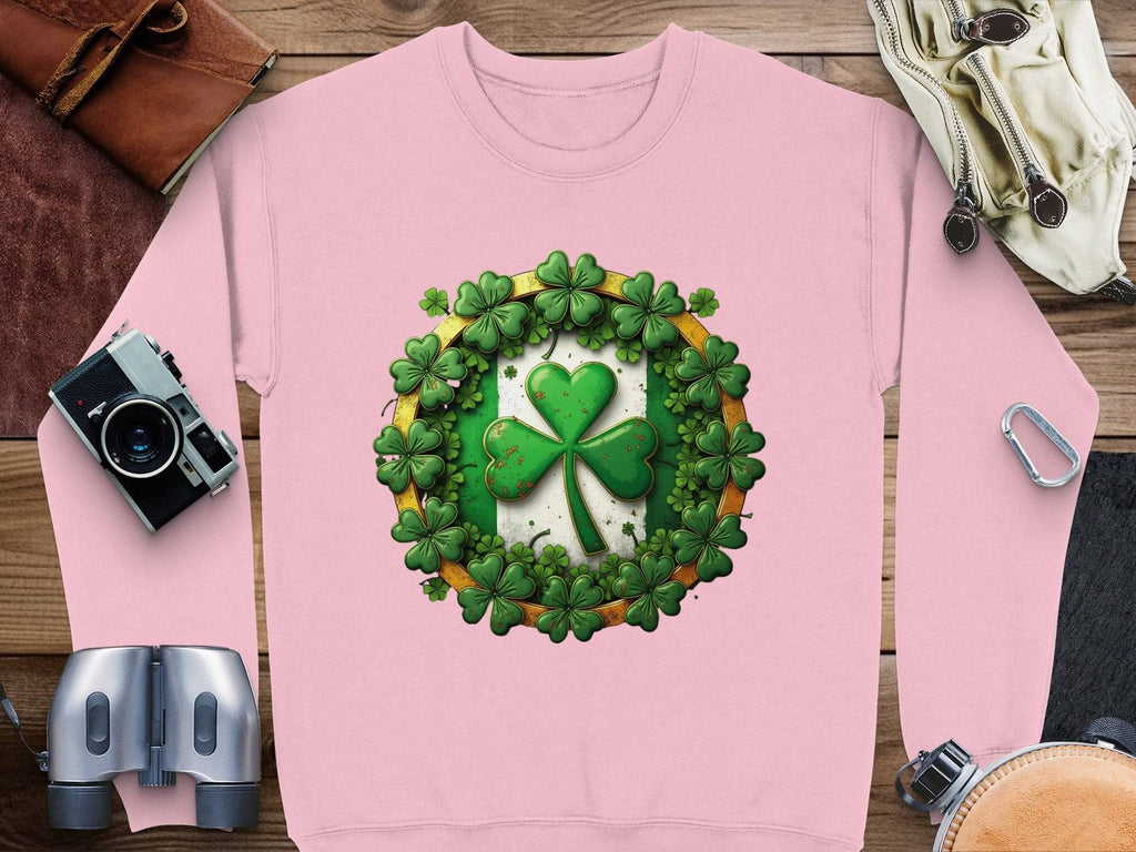 A pink sweatshirt from Garment Graphics rests on a wooden surface, featuring a lucky four-leaf clover encircled by smaller shamrocks. Surrounding this Irish-themed garment are accessories including a camera, binoculars, a leather pouch, and coiled rope.