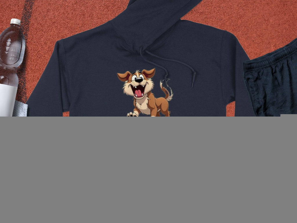 A playful black cartoon puppy hoodie from Garment Graphics rests on a red textured surface, perfect for a fun wardrobe. Nearby are essentials for dog lovers: a water bottle, white towel, black athletic shorts, and an orange basketball.